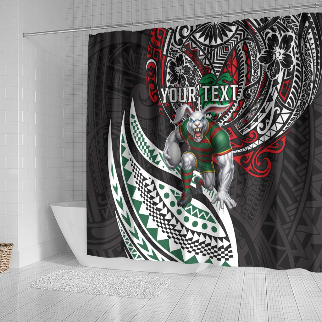 Personalised South Sydney Rabbitohs Shower Curtain Polynesian Tribal Art Style With Powerful Rabbit Mascot