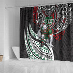Personalised South Sydney Rabbitohs Shower Curtain Polynesian Tribal Art Style With Powerful Rabbit Mascot
