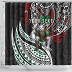 Personalised South Sydney Rabbitohs Shower Curtain Polynesian Tribal Art Style With Powerful Rabbit Mascot
