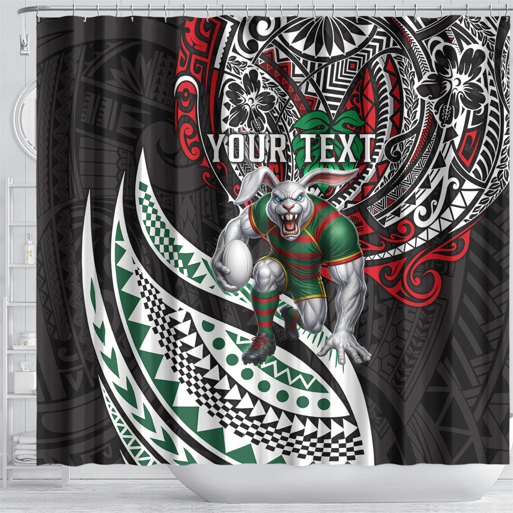 Personalised South Sydney Rabbitohs Shower Curtain Polynesian Tribal Art Style With Powerful Rabbit Mascot