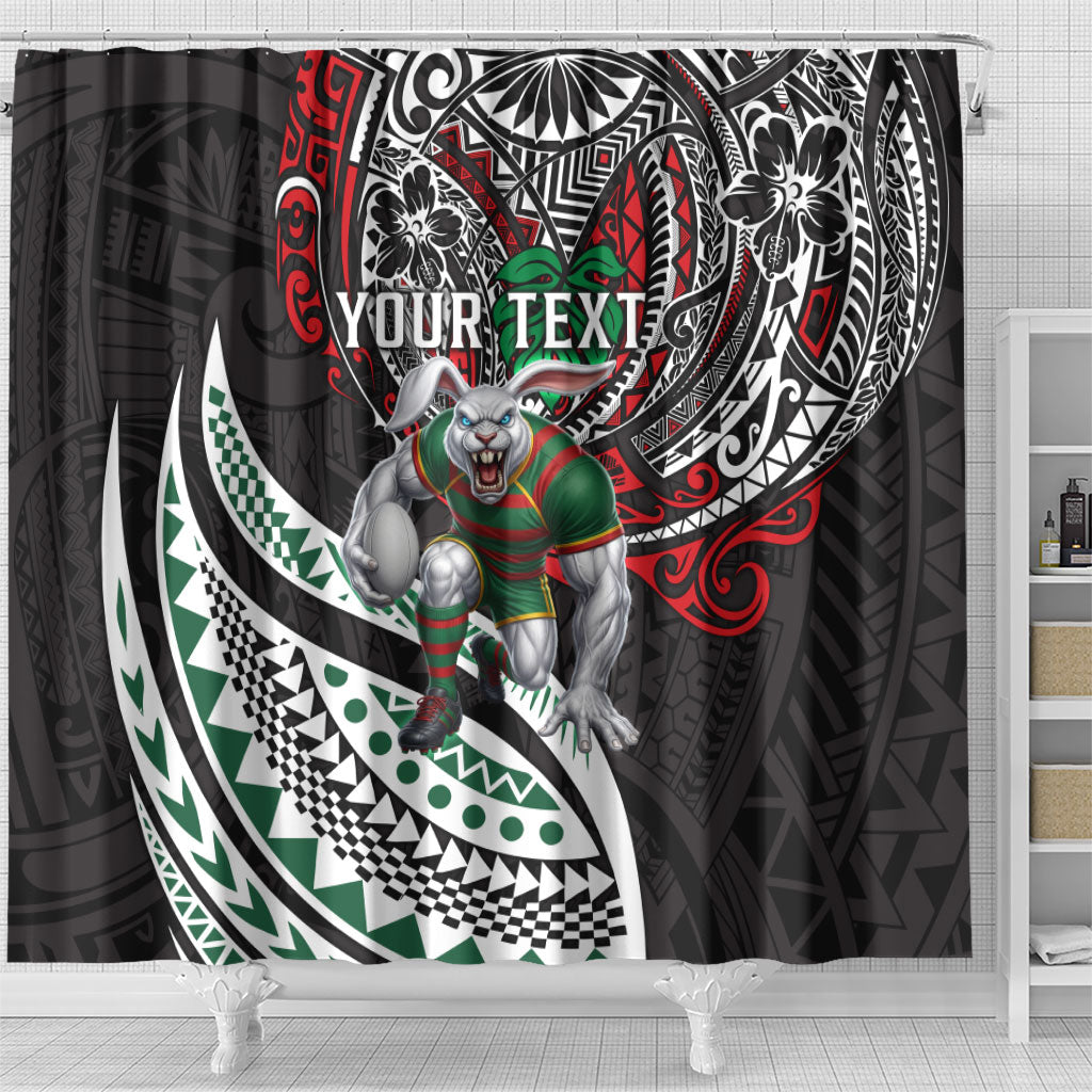 Personalised South Sydney Rabbitohs Shower Curtain Polynesian Tribal Art Style With Powerful Rabbit Mascot