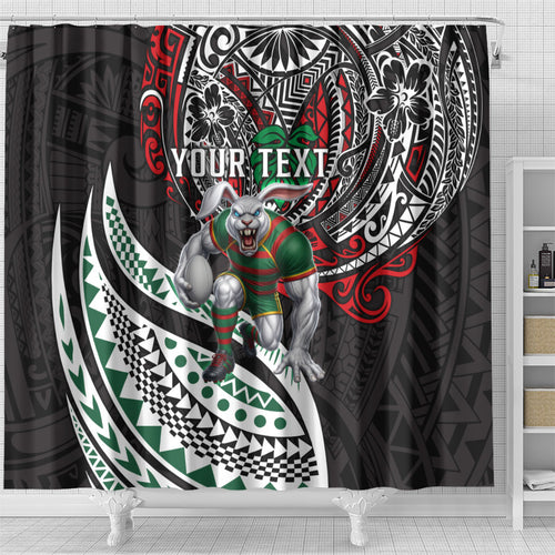 Personalised South Sydney Rabbitohs Shower Curtain Polynesian Tribal Art Style With Powerful Rabbit Mascot