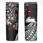 Personalised South Sydney Rabbitohs Skinny Tumbler Polynesian Tribal Art Style With Powerful Rabbit Mascot
