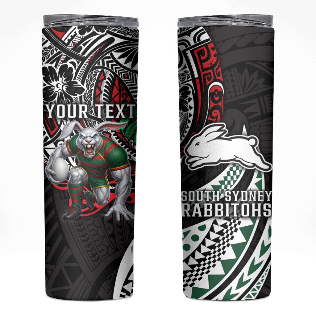 Personalised South Sydney Rabbitohs Skinny Tumbler Polynesian Tribal Art Style With Powerful Rabbit Mascot