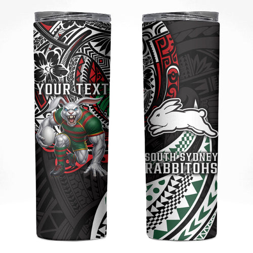 Personalised South Sydney Rabbitohs Skinny Tumbler Polynesian Tribal Art Style With Powerful Rabbit Mascot