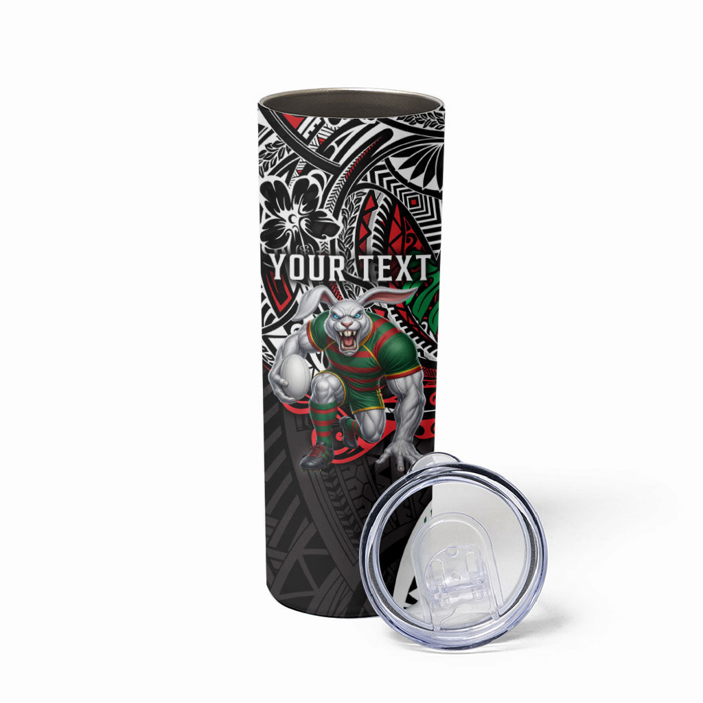 Personalised South Sydney Rabbitohs Skinny Tumbler Polynesian Tribal Art Style With Powerful Rabbit Mascot