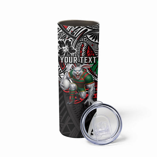 Personalised South Sydney Rabbitohs Skinny Tumbler Polynesian Tribal Art Style With Powerful Rabbit Mascot