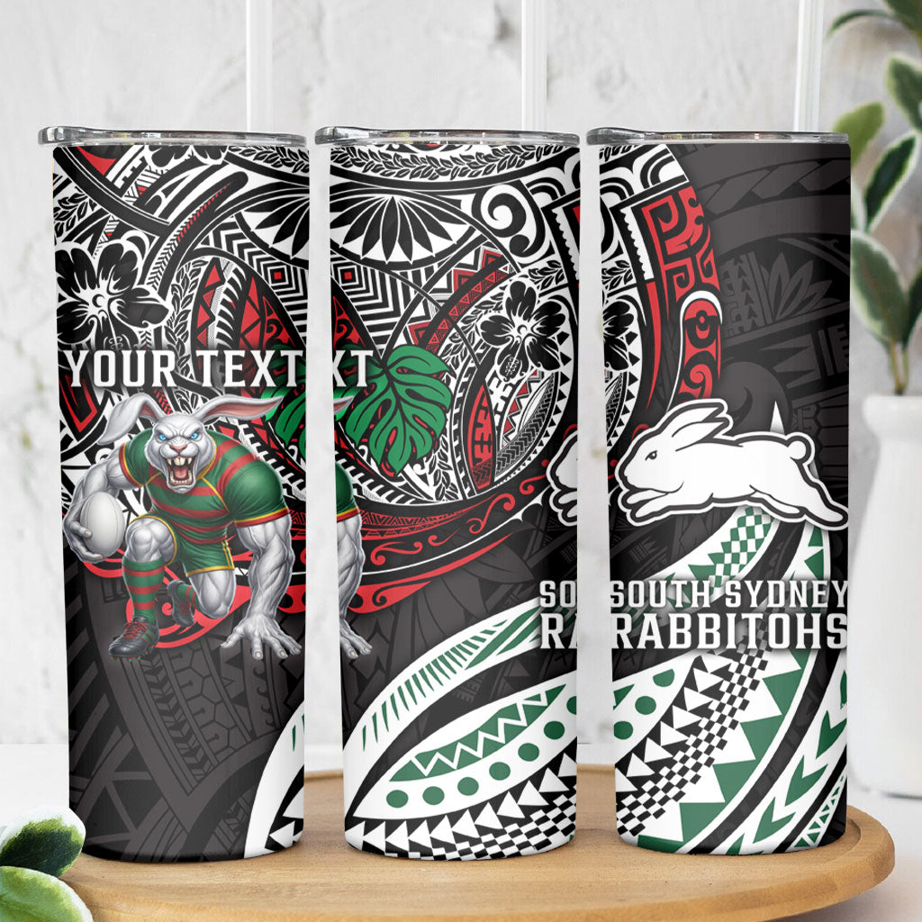 Personalised South Sydney Rabbitohs Skinny Tumbler Polynesian Tribal Art Style With Powerful Rabbit Mascot