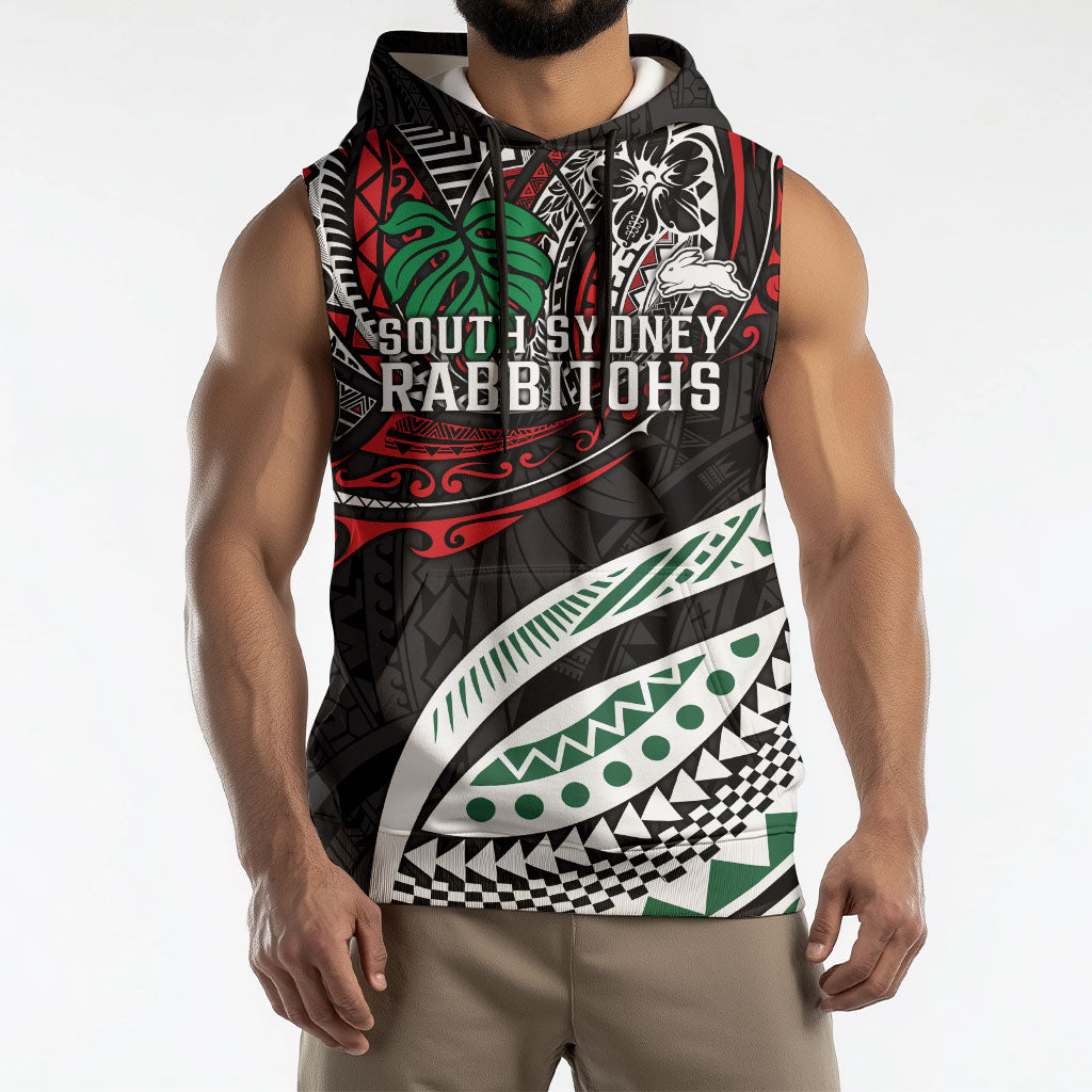 Personalised South Sydney Rabbitohs Sleeveless Hoodie Polynesian Tribal Art Style With Powerful Rabbit Mascot