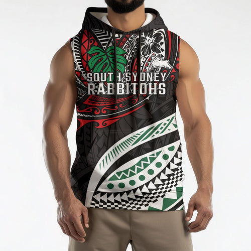 Personalised South Sydney Rabbitohs Sleeveless Hoodie Polynesian Tribal Art Style With Powerful Rabbit Mascot