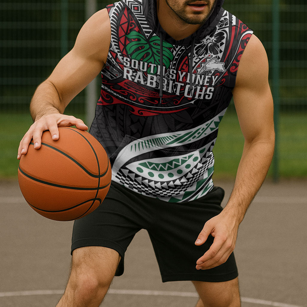 Personalised South Sydney Rabbitohs Sleeveless Hoodie Polynesian Tribal Art Style With Powerful Rabbit Mascot