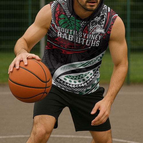 Personalised South Sydney Rabbitohs Sleeveless Hoodie Polynesian Tribal Art Style With Powerful Rabbit Mascot