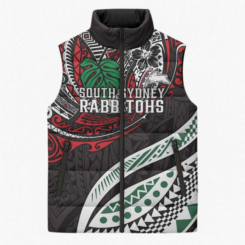 Personalised South Sydney Rabbitohs Sleeveless Puffer Jacket Polynesian Tribal Art Style With Powerful Rabbit Mascot