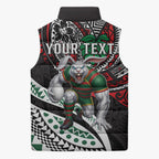 Personalised South Sydney Rabbitohs Sleeveless Puffer Jacket Polynesian Tribal Art Style With Powerful Rabbit Mascot