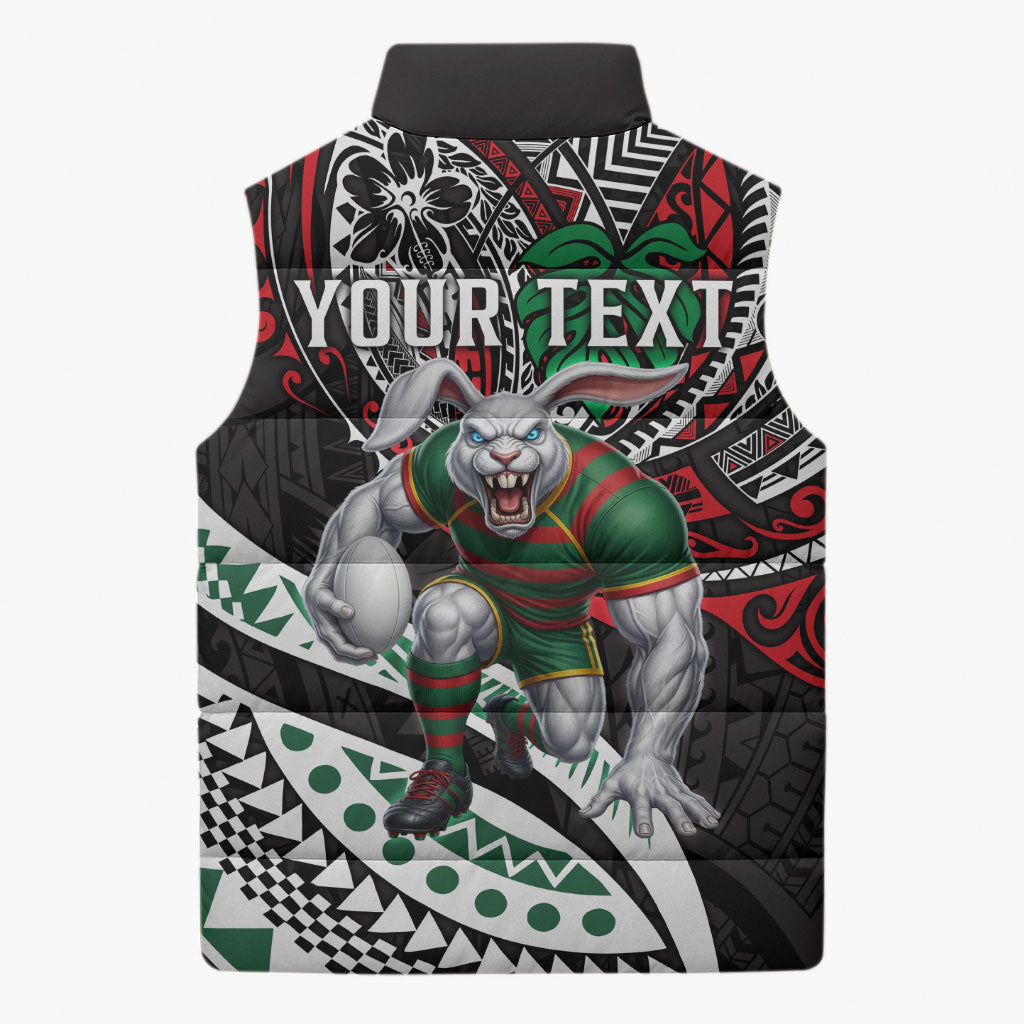 Personalised South Sydney Rabbitohs Sleeveless Puffer Jacket Polynesian Tribal Art Style With Powerful Rabbit Mascot