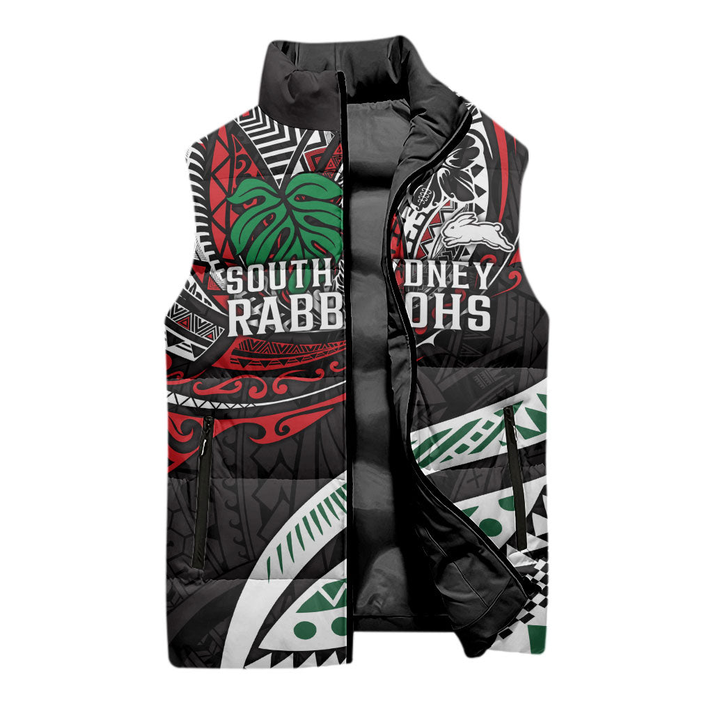 Personalised South Sydney Rabbitohs Sleeveless Puffer Jacket Polynesian Tribal Art Style With Powerful Rabbit Mascot