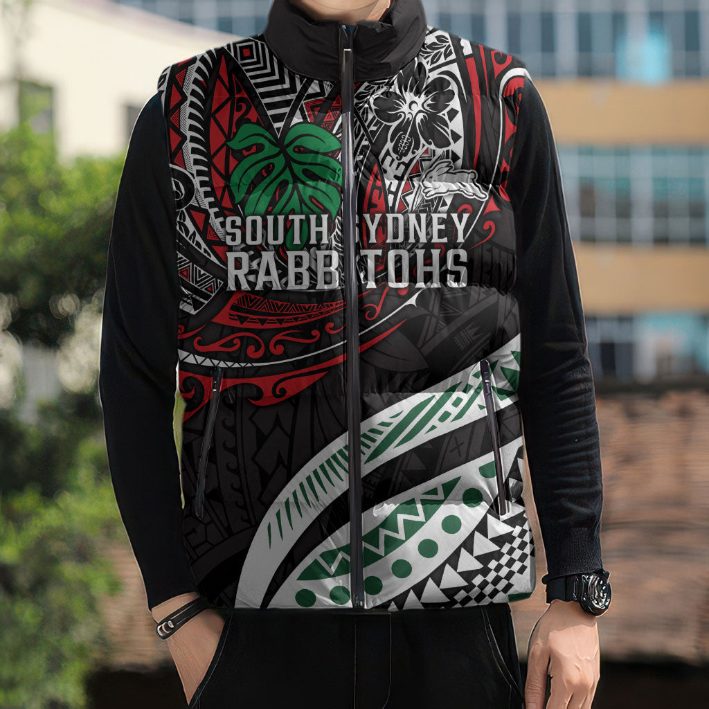 Personalised South Sydney Rabbitohs Sleeveless Puffer Jacket Polynesian Tribal Art Style With Powerful Rabbit Mascot