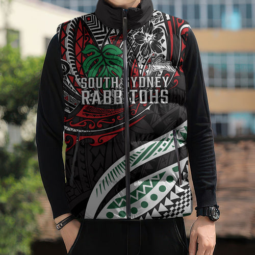 Personalised South Sydney Rabbitohs Sleeveless Puffer Jacket Polynesian Tribal Art Style With Powerful Rabbit Mascot