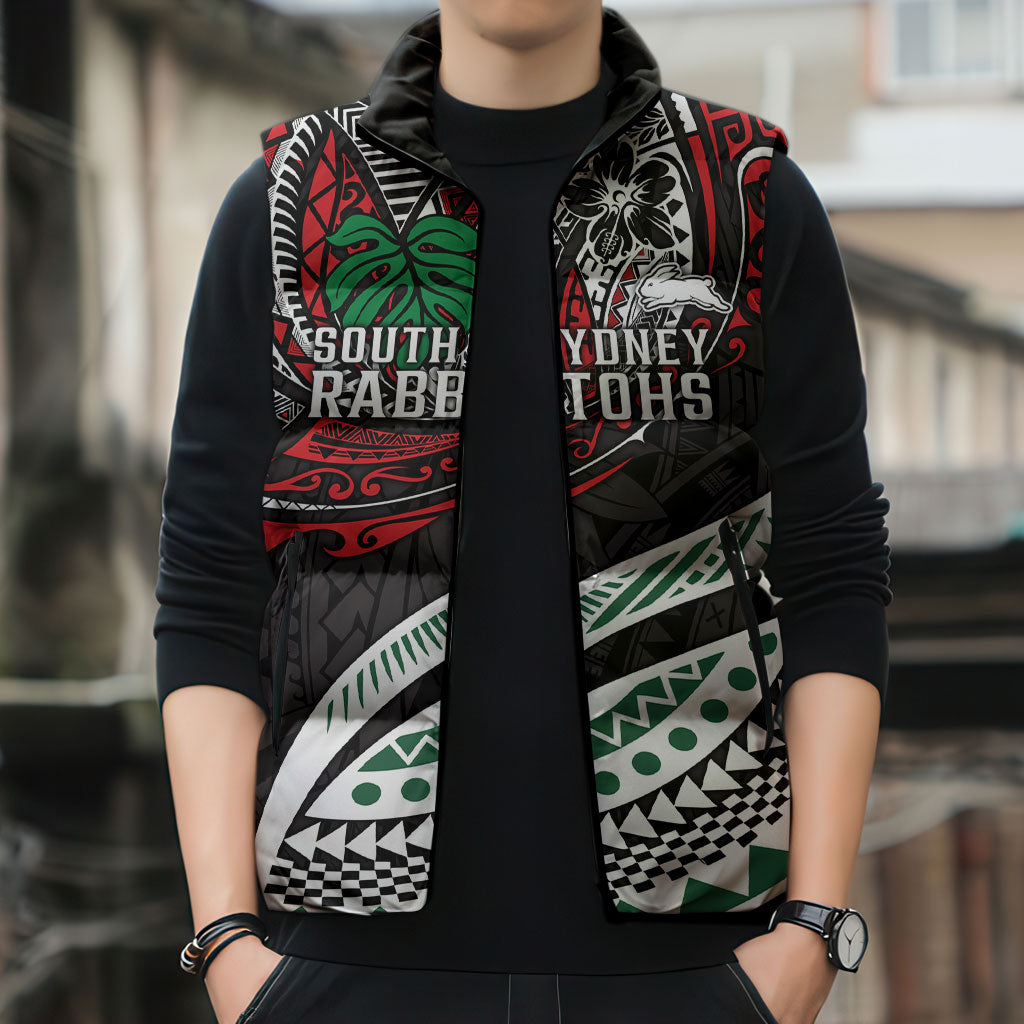 Personalised South Sydney Rabbitohs Sleeveless Puffer Jacket Polynesian Tribal Art Style With Powerful Rabbit Mascot
