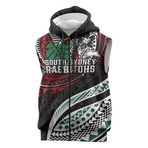 Personalised South Sydney Rabbitohs Sleeveless Zip Hoodie Polynesian Tribal Art Style With Powerful Rabbit Mascot