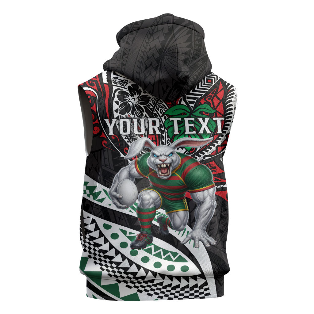 Personalised South Sydney Rabbitohs Sleeveless Zip Hoodie Polynesian Tribal Art Style With Powerful Rabbit Mascot