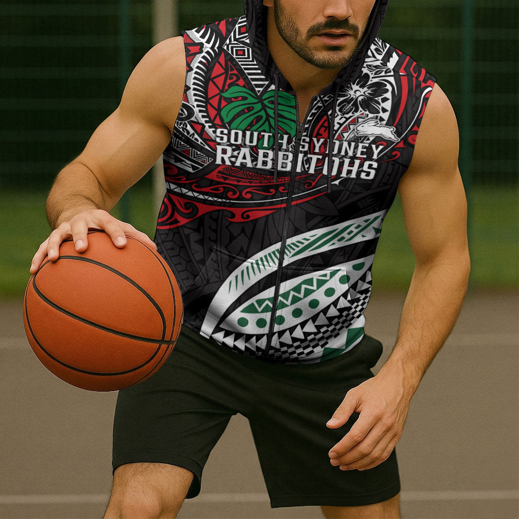 Personalised South Sydney Rabbitohs Sleeveless Zip Hoodie Polynesian Tribal Art Style With Powerful Rabbit Mascot