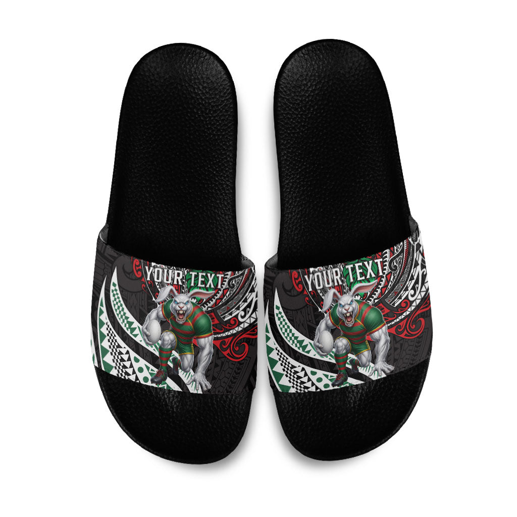 Personalised South Sydney Rabbitohs Slide Sandals Polynesian Tribal Art Style With Powerful Rabbit Mascot