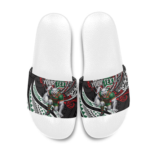 Personalised South Sydney Rabbitohs Slide Sandals Polynesian Tribal Art Style With Powerful Rabbit Mascot