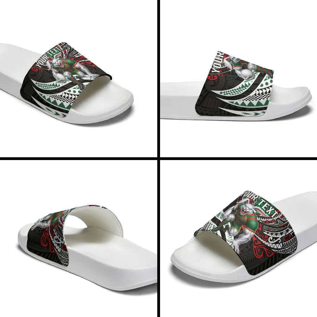 Personalised South Sydney Rabbitohs Slide Sandals Polynesian Tribal Art Style With Powerful Rabbit Mascot