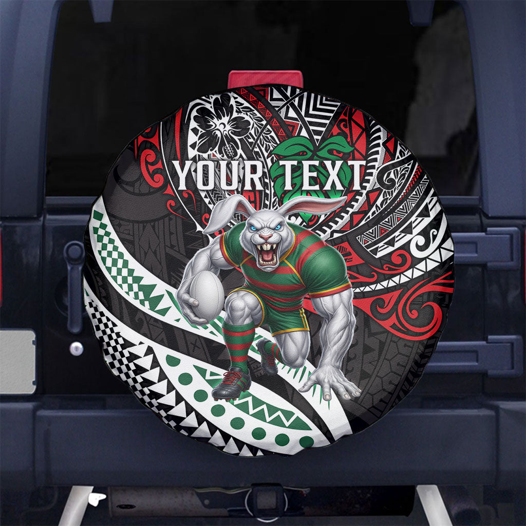 Personalised South Sydney Rabbitohs Spare Tire Cover Polynesian Tribal Art Style With Powerful Rabbit Mascot
