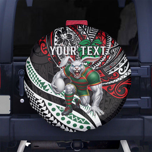 Personalised South Sydney Rabbitohs Spare Tire Cover Polynesian Tribal Art Style With Powerful Rabbit Mascot