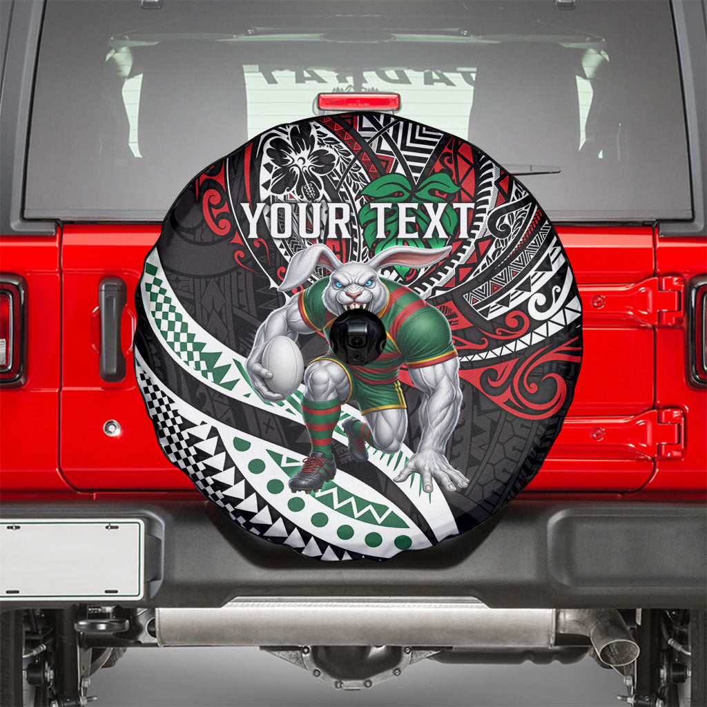 Personalised South Sydney Rabbitohs Spare Tire Cover Polynesian Tribal Art Style With Powerful Rabbit Mascot