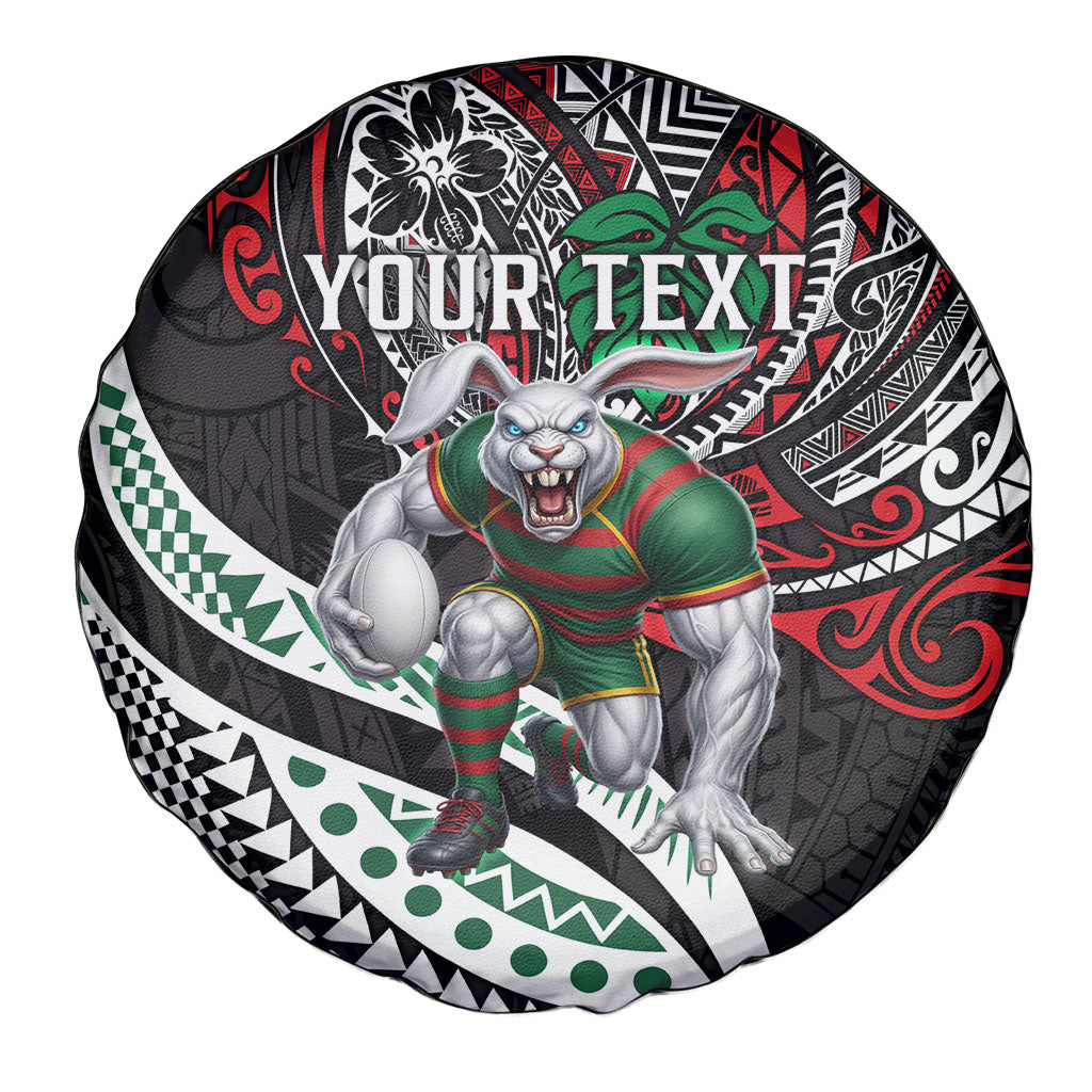 Personalised South Sydney Rabbitohs Spare Tire Cover Polynesian Tribal Art Style With Powerful Rabbit Mascot