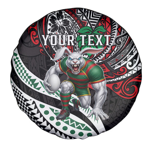 Personalised South Sydney Rabbitohs Spare Tire Cover Polynesian Tribal Art Style With Powerful Rabbit Mascot