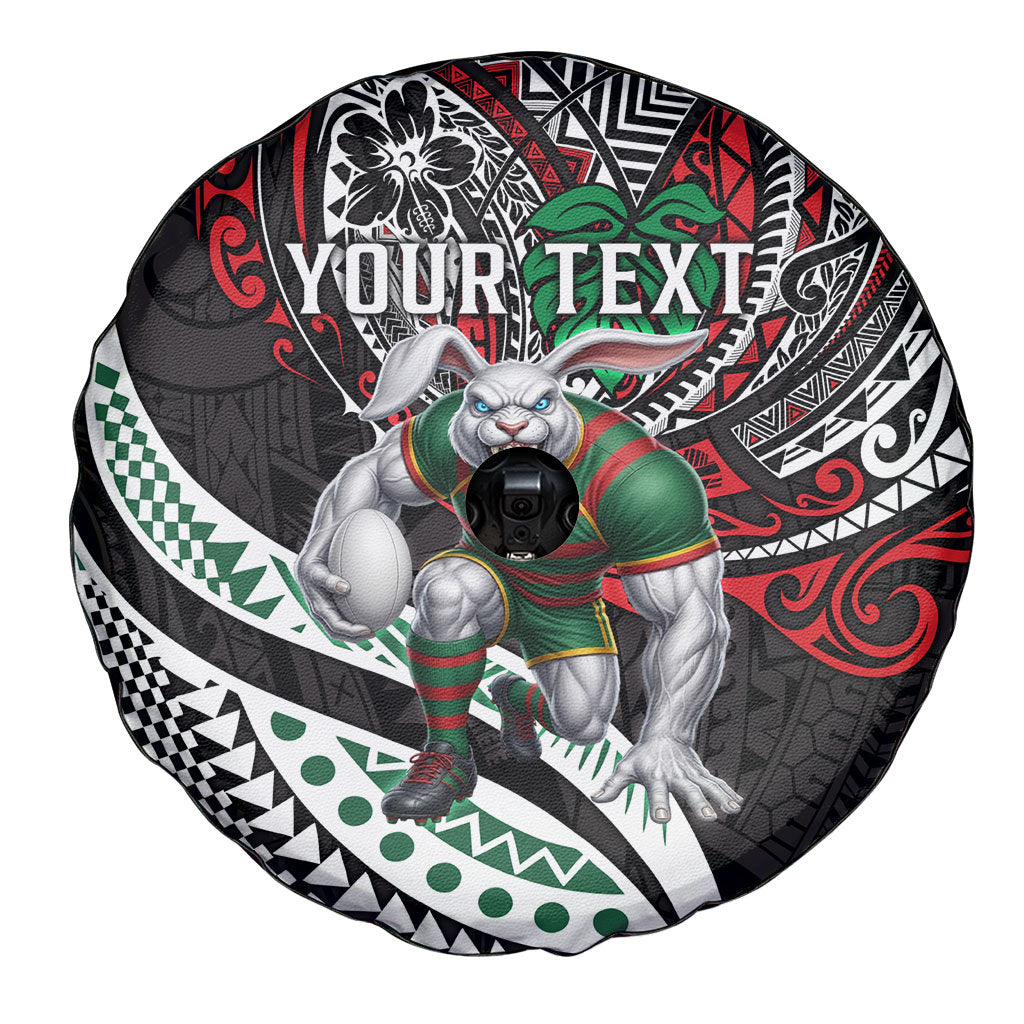 Personalised South Sydney Rabbitohs Spare Tire Cover Polynesian Tribal Art Style With Powerful Rabbit Mascot