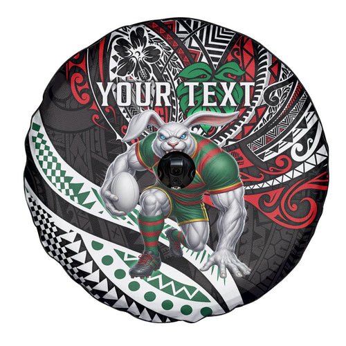Personalised South Sydney Rabbitohs Spare Tire Cover Polynesian Tribal Art Style With Powerful Rabbit Mascot