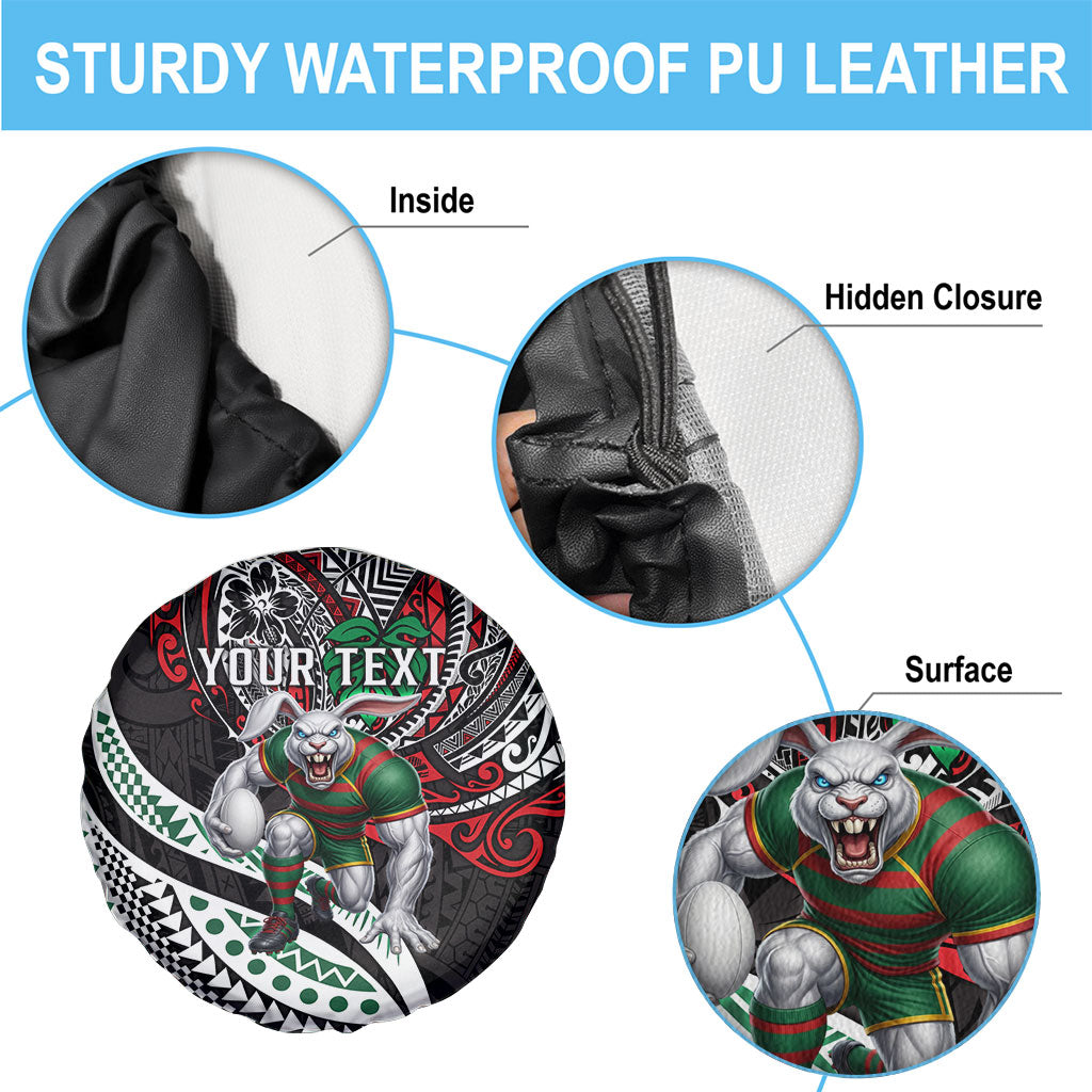 Personalised South Sydney Rabbitohs Spare Tire Cover Polynesian Tribal Art Style With Powerful Rabbit Mascot