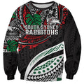 Personalised South Sydney Rabbitohs Sweatshirt Polynesian Tribal Art Style With Powerful Rabbit Mascot