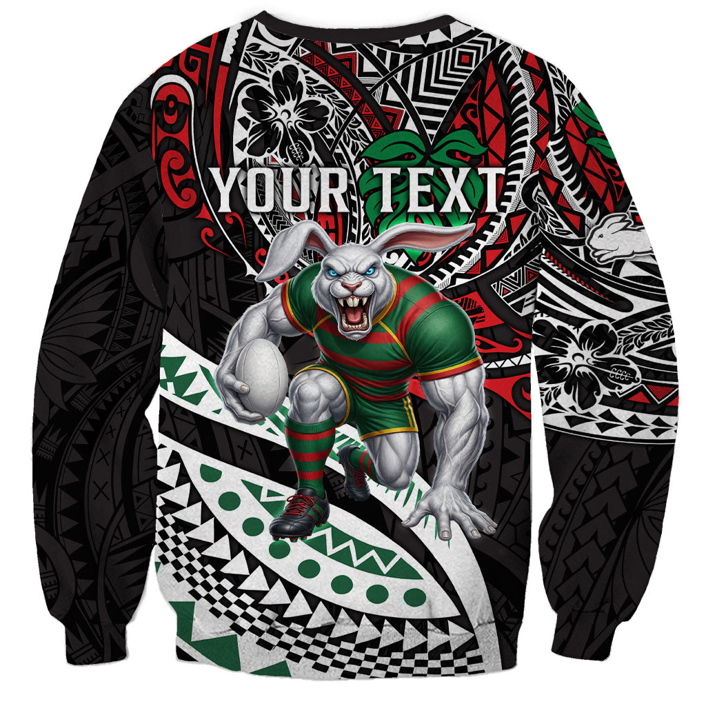 Personalised South Sydney Rabbitohs Sweatshirt Polynesian Tribal Art Style With Powerful Rabbit Mascot