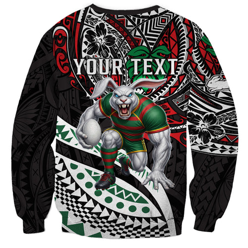 Personalised South Sydney Rabbitohs Sweatshirt Polynesian Tribal Art Style With Powerful Rabbit Mascot