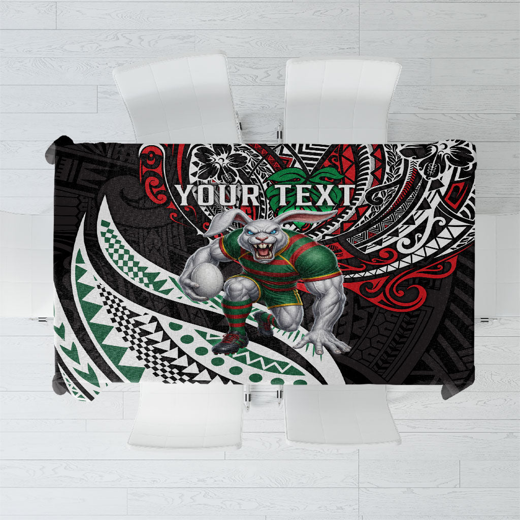 Personalised South Sydney Rabbitohs Tablecloth Polynesian Tribal Art Style With Powerful Rabbit Mascot