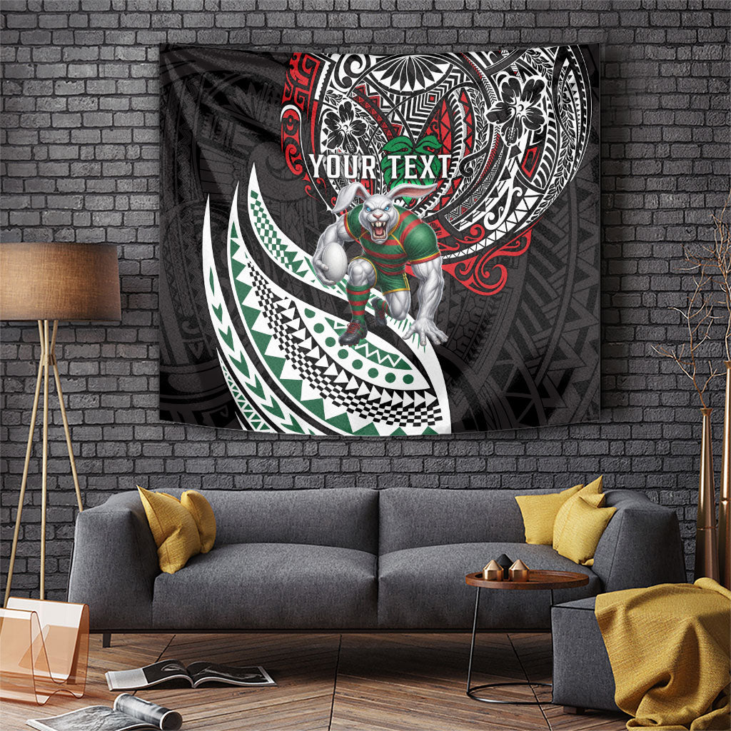 Personalised South Sydney Rabbitohs Tapestry Polynesian Tribal Art Style With Powerful Rabbit Mascot