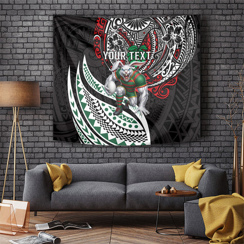 Personalised South Sydney Rabbitohs Tapestry Polynesian Tribal Art Style With Powerful Rabbit Mascot
