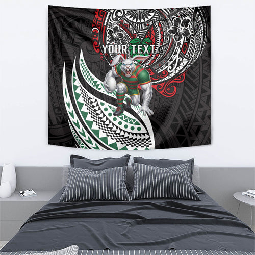 Personalised South Sydney Rabbitohs Tapestry Polynesian Tribal Art Style With Powerful Rabbit Mascot
