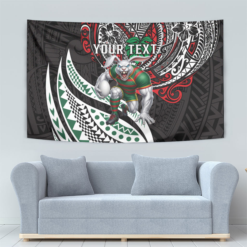 Personalised South Sydney Rabbitohs Tapestry Polynesian Tribal Art Style With Powerful Rabbit Mascot
