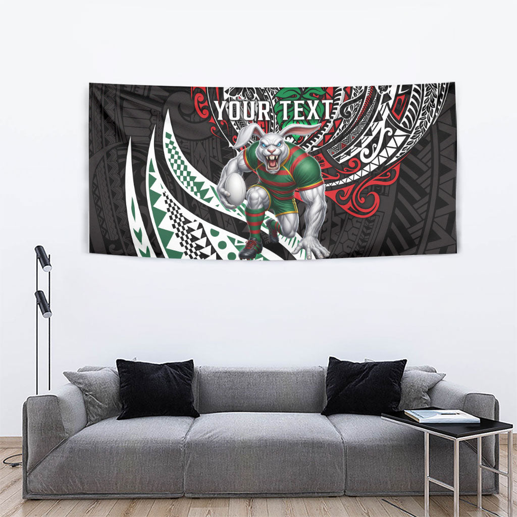 Personalised South Sydney Rabbitohs Tapestry Polynesian Tribal Art Style With Powerful Rabbit Mascot