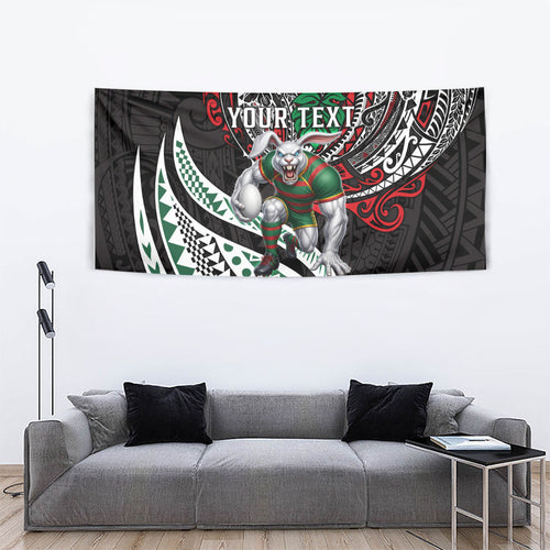 Personalised South Sydney Rabbitohs Tapestry Polynesian Tribal Art Style With Powerful Rabbit Mascot