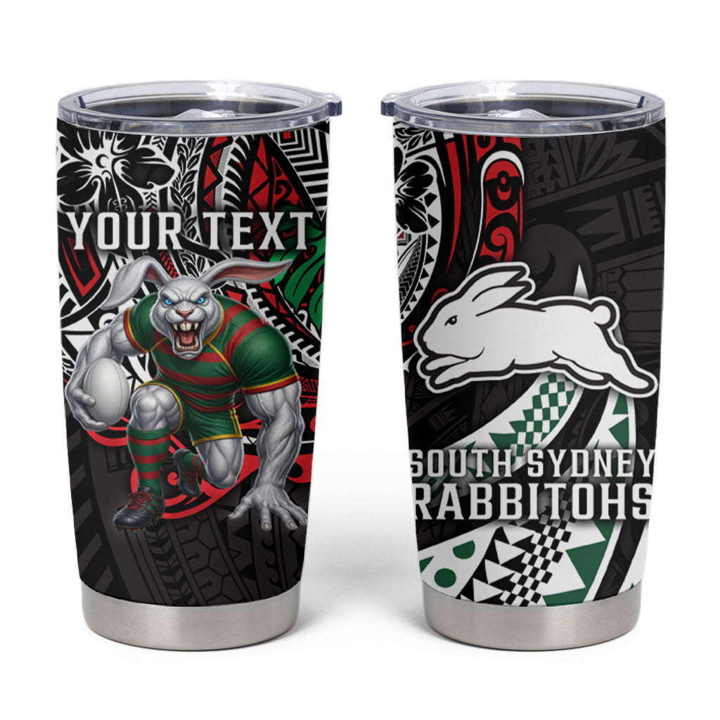 Personalised South Sydney Rabbitohs Tumbler Cup Polynesian Tribal Art Style With Powerful Rabbit Mascot
