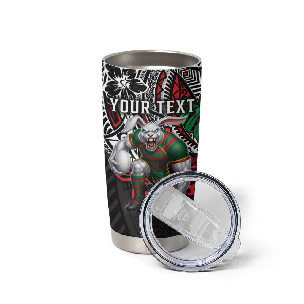 Personalised South Sydney Rabbitohs Tumbler Cup Polynesian Tribal Art Style With Powerful Rabbit Mascot