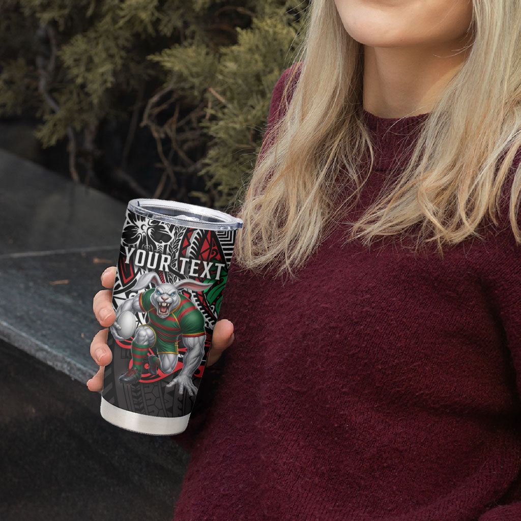 Personalised South Sydney Rabbitohs Tumbler Cup Polynesian Tribal Art Style With Powerful Rabbit Mascot